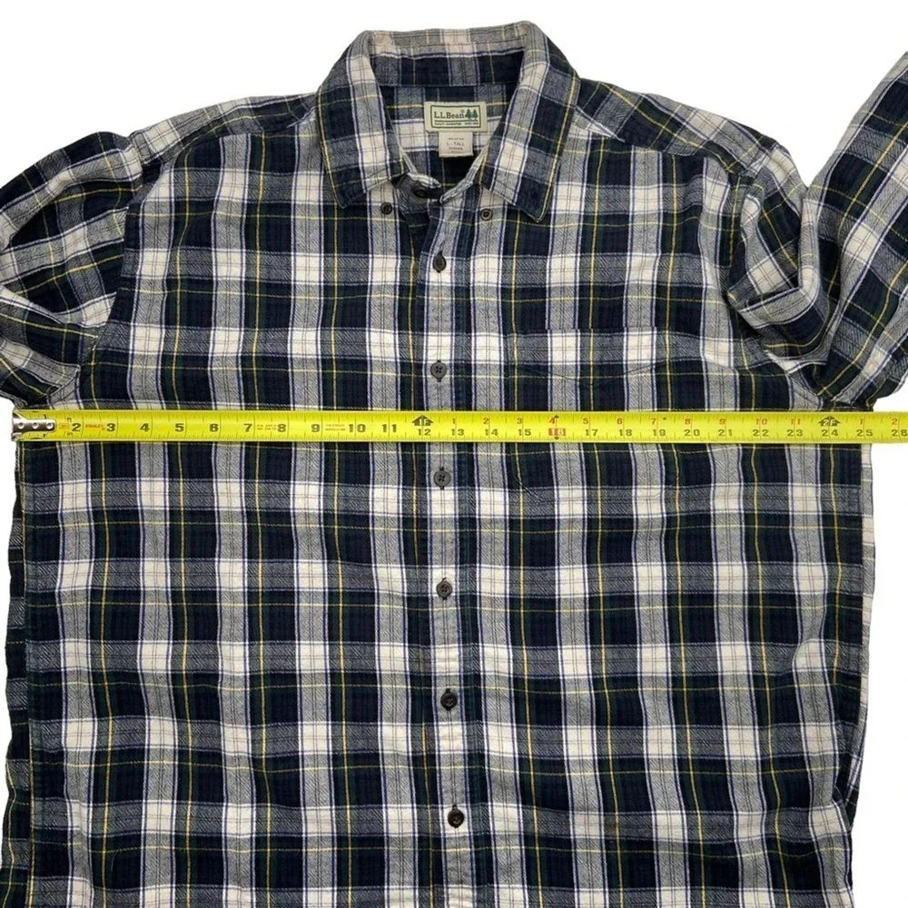 LL Bean Mens Flannel Shirt Large Tall Navy Green Plaid Cotton Button Down 228066